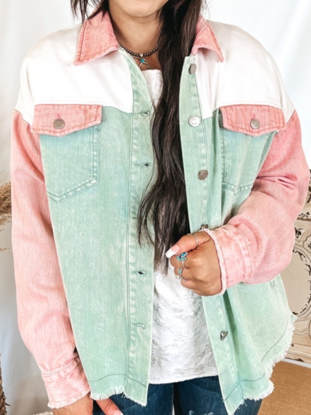 Entro Women’s Pastel Colorblock frayed Denim Shacket, Size 1X, NWOT